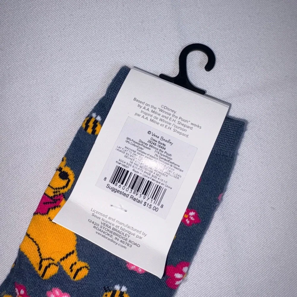 Vera Bradley Disney Winnie the Pooh Crew Socks 9-11 Blue Floral Bee Disney 100